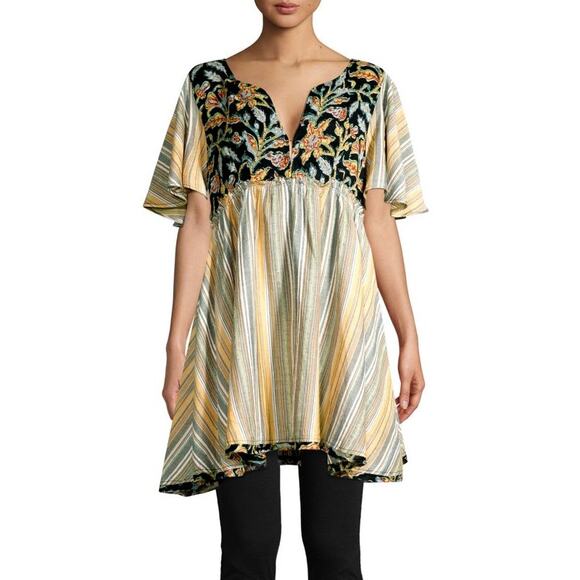 Free People Under The Sun Tunic Size Small Boho Flutter Sleeve Patchwork Top - Picture 1 of 12